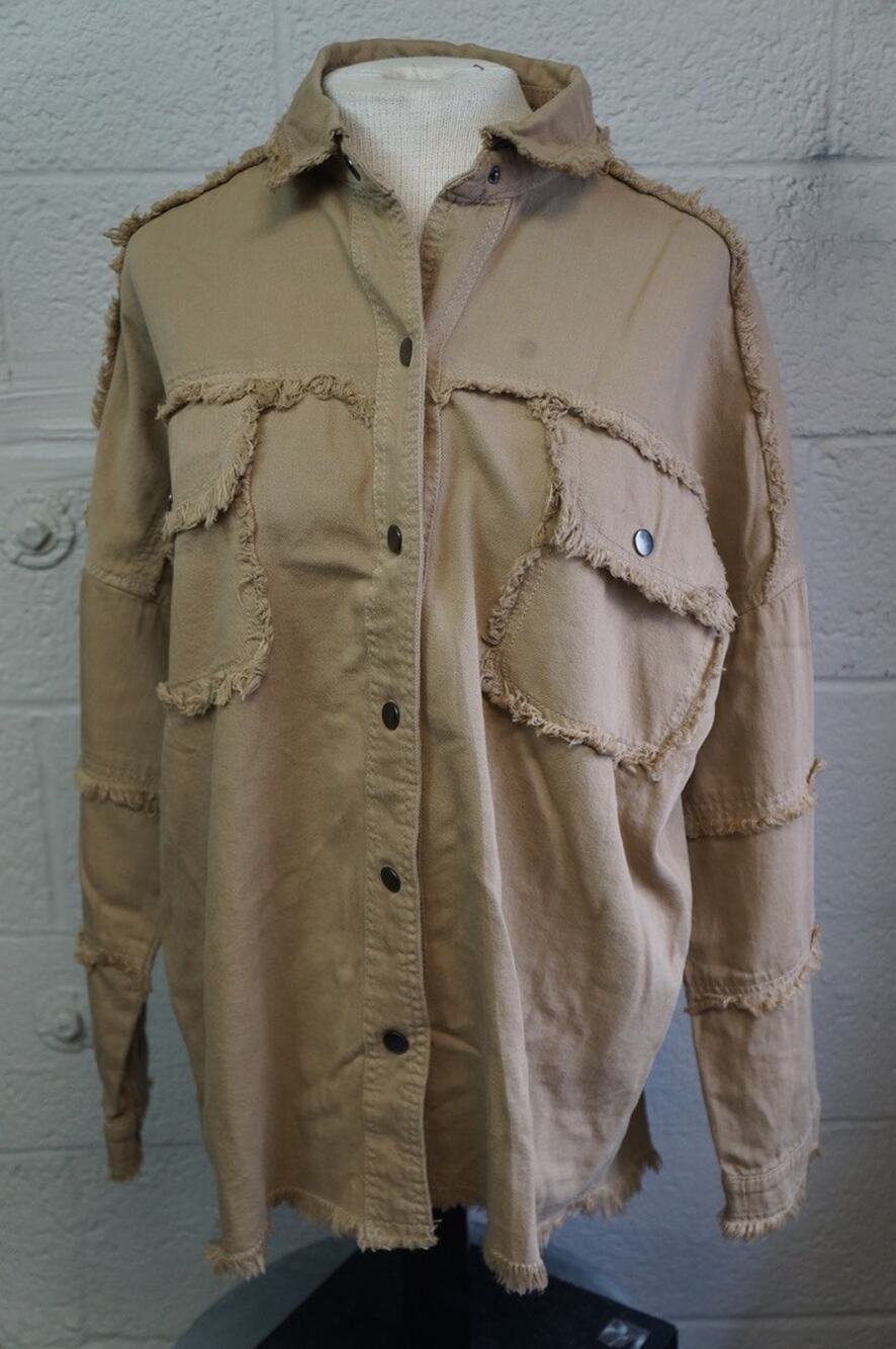 ELAN Women's Oversized Rock and Roll Frayed Hem Shacket Shirt Jacket Tan Size S
